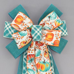 Teal Orange Pumpkins Fall Wreath Bow - Pumpkins Wreath Bow, Fall Wreath Bow, Fall Decorations, Thanksgiving Decor