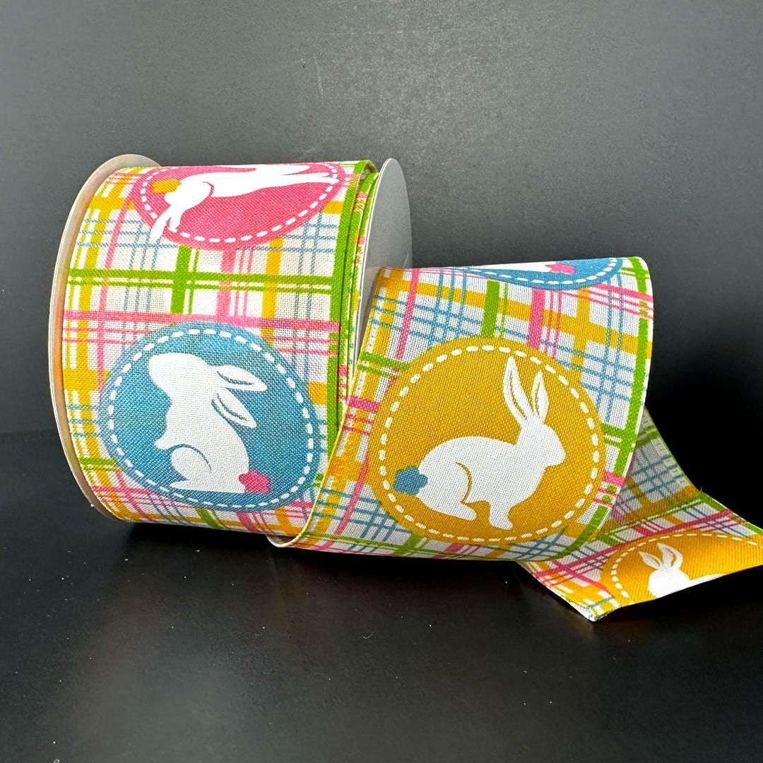 10 Yards Scrapbook Easter Bunnies Pastel Plaid Wire Ribbon - Bunny ...