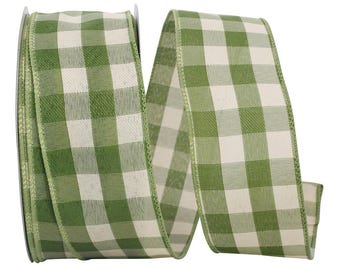 50 yards Moss Green Cream Plaid Christmas Wired Ribbon - Plaid Ribbon, Ribbon for Wreaths, Christmas Ribbon