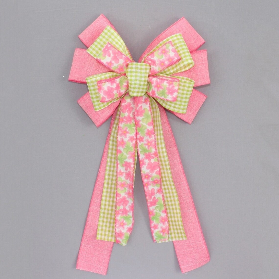 Pink Floral Green Gingham Spring Wreath Bow - Spring Wreath Bow, Easter ...
