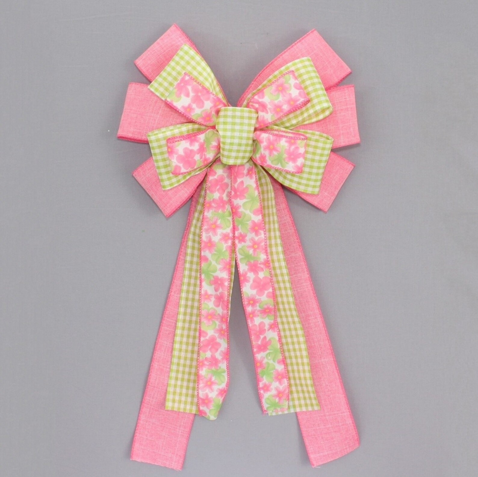 Pink Floral Green Gingham Spring Wreath Bow - Spring Wreath Bow, Easter ...