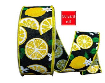 50 yards Black Linen Lemons Wired Ribbon - Easter Wired Ribbon, Spring Ribbon