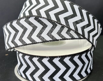 20 yards 1.5" Black White Chevron Wire Edge Ribbon - Ribbon for Wreaths