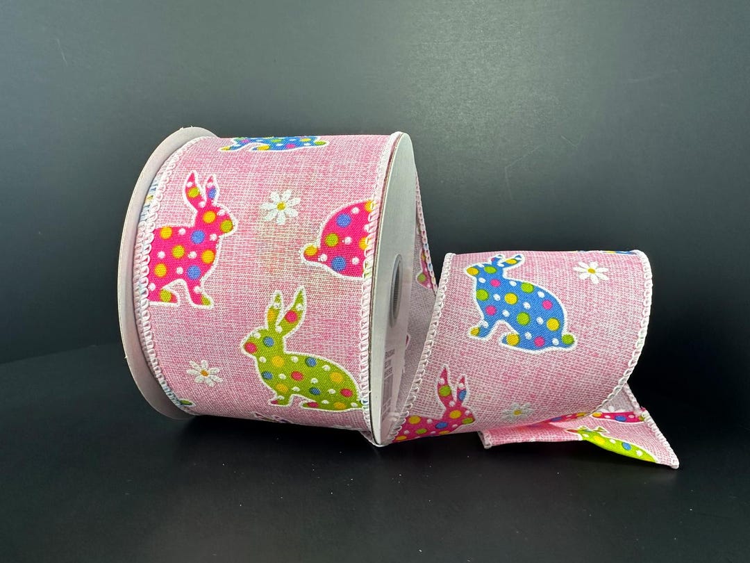 10 Yards Pink Dotted Bunnies Easter Wire Ribbon - Bunny Easter Ribbon ...