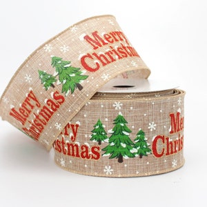 Merry Christmas Rustic Tree Snowflake Wire Edge Ribbon - 3 Yards Ribbon - 2.5" Wide Wire Ribbon, Ribbon for Wreaths, Christmas Ribbon