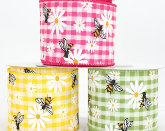 Spring Bumblebee Daisy Gingham Wired Ribbon -  2.5" Wired Ribbon, 4 Color Options, Bumblebee Ribbon, Spring Ribbon, Daisy Ribbon