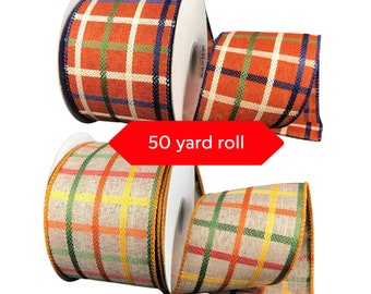 50 Yards Fall  Woven Trellis Plaid Wired Ribbon -  Fall Wired Ribbon, Wired Ribbon, 2.5" wide ribbon