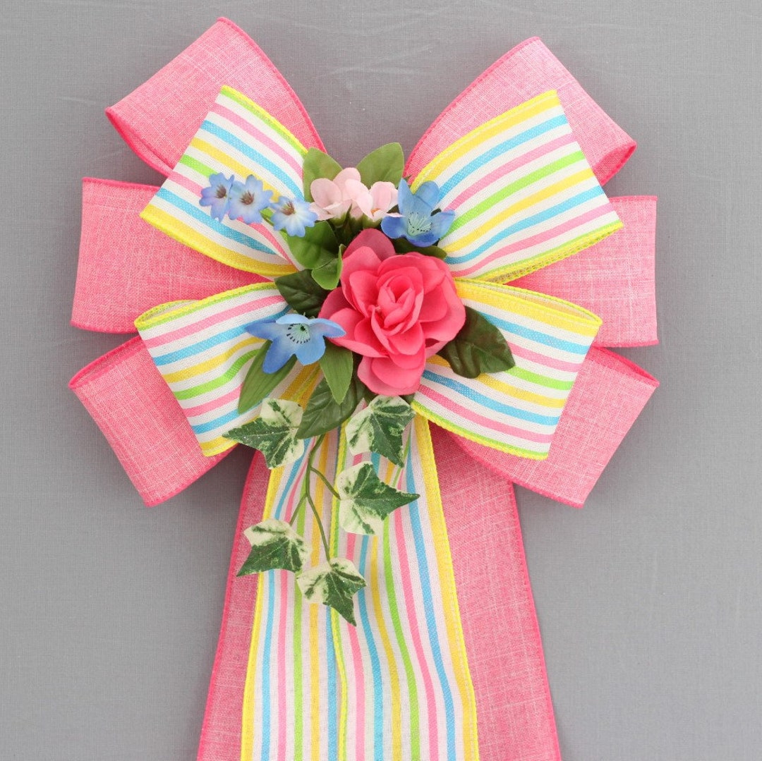 Pink Spring Floral Stripe Wreath Bow Easter Wreath Bows, Easter Basket ...