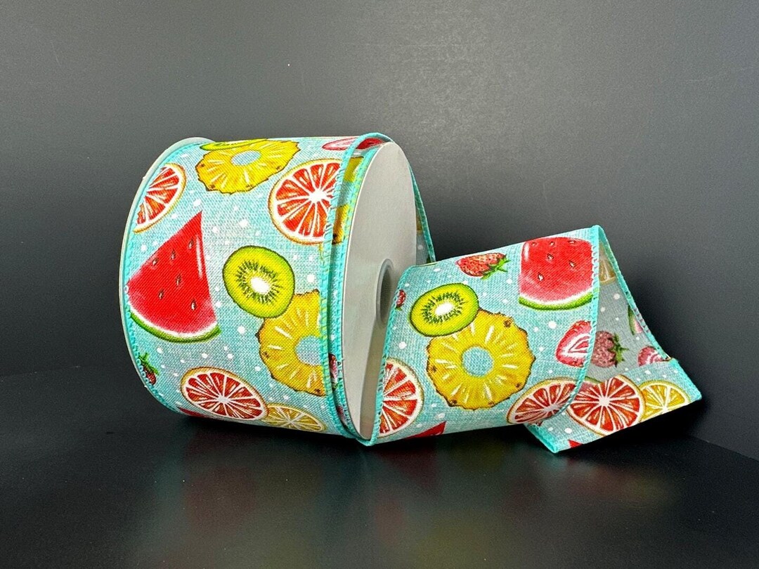 10 Yards Fruit Collage Aqua Wired Ribbon - Spring Ribbon, Fruit Ribbon ...