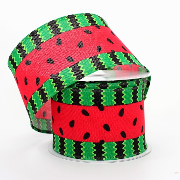 10 yards Watermelon Stripes Wired Ribbon - Spring Ribbon, Watermelon Ribbon