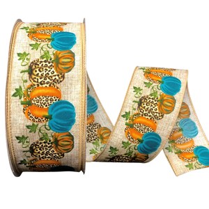 Cinta de alambre otoñal con diseño de calabazas y leopardo verde azulado de 50 yardas - Cinta de alambre otoñal, cinta de alambre, cinta de 2,5" de ancho