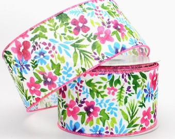 50 yards Watercolor Floral Spring Wire Edge Ribbon - Floral Wire Ribbon, Ribbon for Wreaths, Garden Ribbon, Wired Ribbon