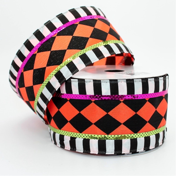 10 yards Harlequin Stripe Edge Halloween Wired Ribbon- Ribbon for Wreaths, Halloween Wreath Ribbon