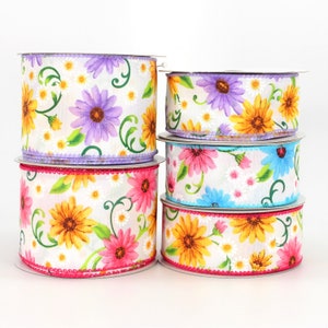 10 yards Spring Floral Daisies Wired Ribbon -  3 Color Options, Floral Ribbon, Summer Ribbon, Flower Ribbon, Spring Ribbon