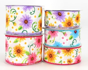 10 yards Spring Floral Daisies Wired Ribbon -  3 Color Options, Floral Ribbon, Summer Ribbon, Flower Ribbon, Spring Ribbon