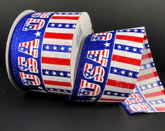 10 yards USA Flag Sparkle Stripe Patriotic Wire Edge Ribbon - Ribbon for Wreaths, Patriotic Ribbon, Wired Ribbon