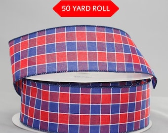 50 yards Patriotic Plaid Wired Ribbon -  2.5" Wired Ribbon, Flag Ribbon, Patriotic Ribbon, Wired Ribbon