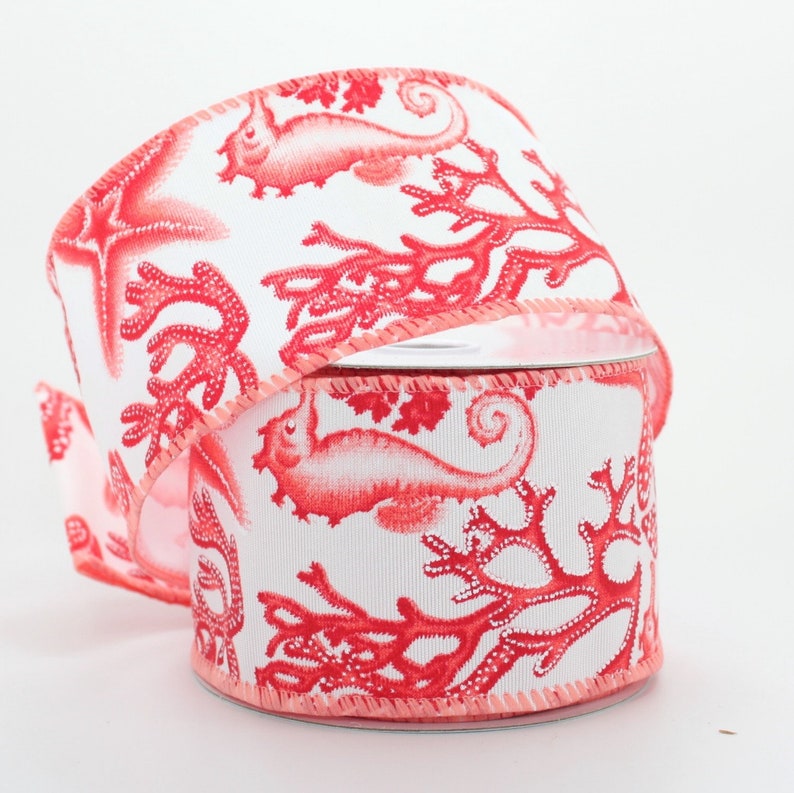 10 Yards Coral Seahorse Starfish Wired Ribbon Tropical Etsy