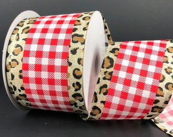10 yards Gingham Plaid Cheetah Wire Edge Ribbon - Leopard Ribbon. Ribbon for Wreaths, 2.5" wide ribbon