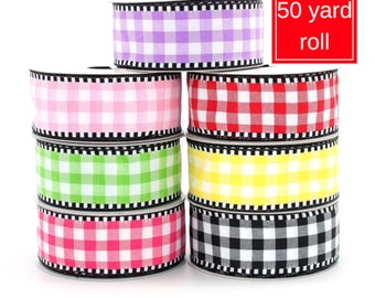 50 yards Woven Gingham Black White Wired Ribbon -  1.5" Wired Ribbon, 8 Color Options, Check Ribbon, Plaid Ribbon, Spring Ribbon