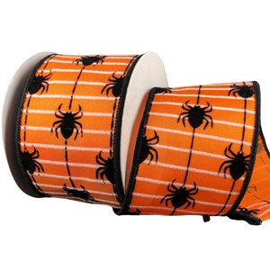 10 yards Flocked Spiders Orange Halloween Wired Ribbon - Halloween Ribbon, Ribbon for Wreaths, Spider Ribbon
