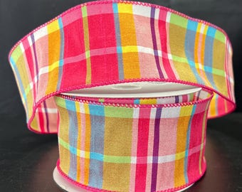 25 yards - 2.5" Summer Dupioni Plaid Wired Ribbon - Wreath Ribbon, Summer Ribbon, Spring Ribbon