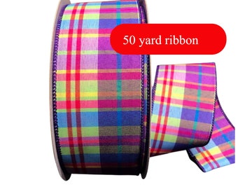 50 yards Purple Hot Pink Blue Toni Plaid Wired Ribbon - Spring Plaid Ribbon, Ribbon for Wreaths, Easter Ribbon, Wired Ribbon