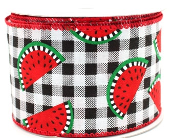 Black White Gingham Fruit Wired Ribbon -  Watermelon Ribbon, Cherry Ribbon, Gingham Ribbon, 2.5" Wired Ribbon, Spring Ribbon