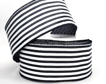 50 yards Black White Stripe Edge Wire Edge Ribbon - 2.5" wide ribbon, Ribbon for Wreaths, Stripe Wire Ribbon, Wired Ribbon