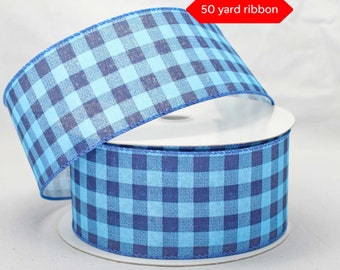 50 yards Blue Cabin Plaid Christmas Wired Ribbon - 2.5" wide Ribbon, Plaid Wired Ribbon, Christmas Plaid Ribbon