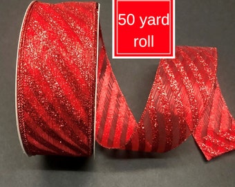 50 yards Red Diagonal Sparkle Stripe Sheer Christmas Wired Ribbon - 2.5" Wire Ribbon, Ribbon for Wreaths, Christmas Ribbon