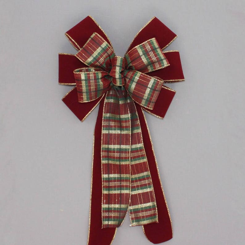 Burgundy Velvet Plaid Christmas Bow Christmas Wreath Bow Etsy