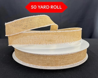 50 yards Natural Burlap White Wired Ribbon -  Ribbon for Wreaths, 1.5" wide ribbon