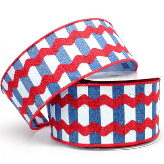 10 Yards Blue White Stripe Red Ric Rac Wired Ribbon Ribbon - Etsy