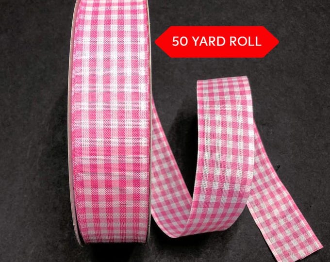 50 Yards Pink Gingham Fall Wired Ribbon - 1.5