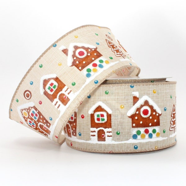 10 yards Gingerbread House Christmas Wired Ribbon - 2.5" Wide Wire Ribbon, Ribbon for Wreaths, Christmas Ribbon