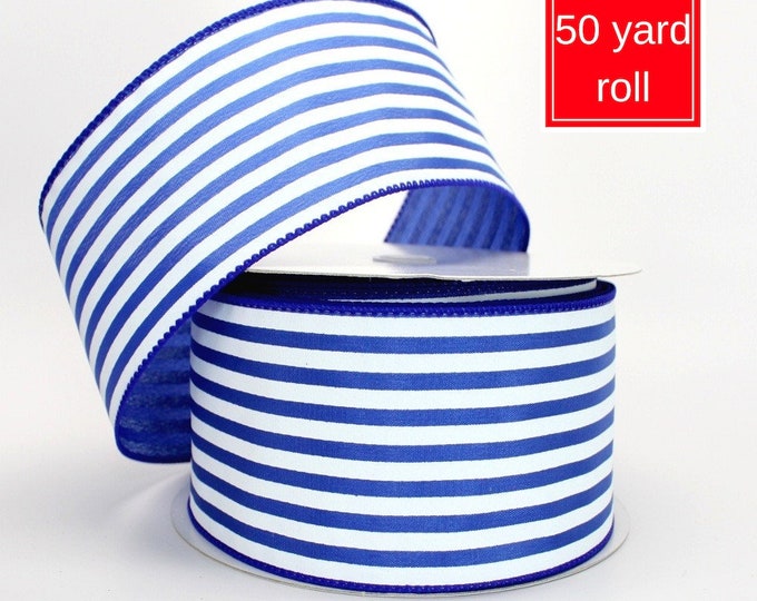 50 Yards Royal Blue White Stripe Wire Edge Ribbon - 2.5