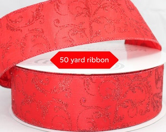 50 yards Red Brocade Swirl Wired Ribbon - Red Christmas Ribbon, Ribbon for Wreaths, Christmas Ribbon