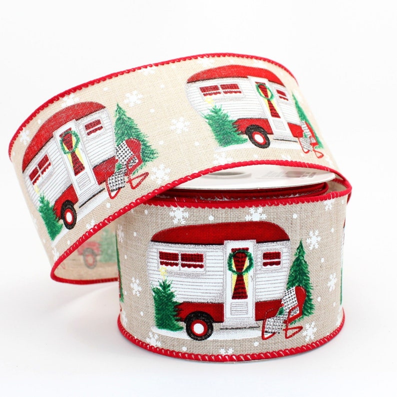 Festive Christmas Camper Rustic Wired Ribbon