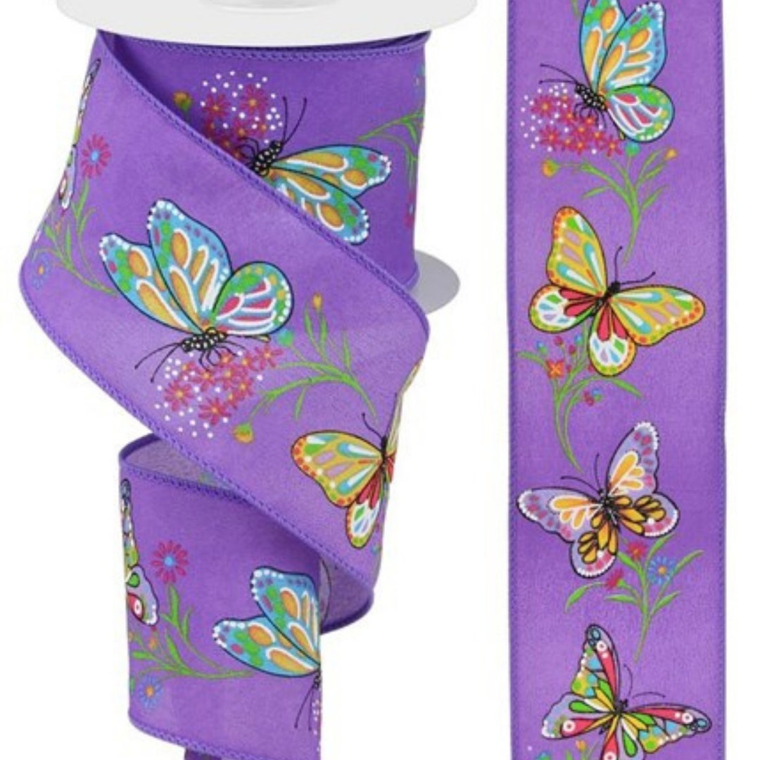 2 Butterfly Ribbons 10 Yards Purple Buttferfly Branches Spring Wired Ribbon - 2.5