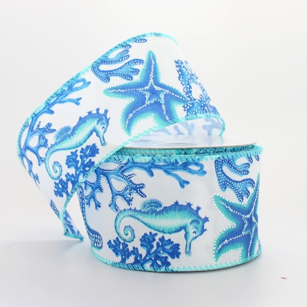 10 yards Blue Coral Seahorse Starfish Wired Ribbon - Tropical Ribbon, Beach Wired Ribbon, Spring Ribbon