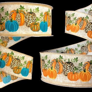 Wreath Ribbon Ribbon for Making Wreaths 2.5 Ribbon Canvas Wired Ribbon 3 Yards Light Aqua with Leopard Truck and Pumpkins Ribbon