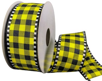 10 yards Yellow Black Woven Gingham Black White Wired Ribbon -  Bumblebee Ribbon, Check Ribbon, Plaid Ribbon, Spring Ribbon