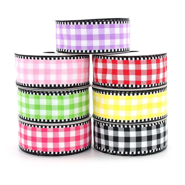 10 yards Woven Gingham Black White Wired Ribbon -  1.5" Wired Ribbon, 8 Color Options, Check Ribbon, Plaid Ribbon, Spring Ribbon