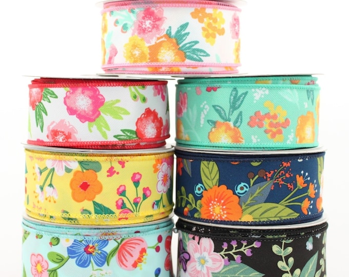 10 Yards Watercolor Floral Wired Ribbon - 7 Color Options, Floral ...