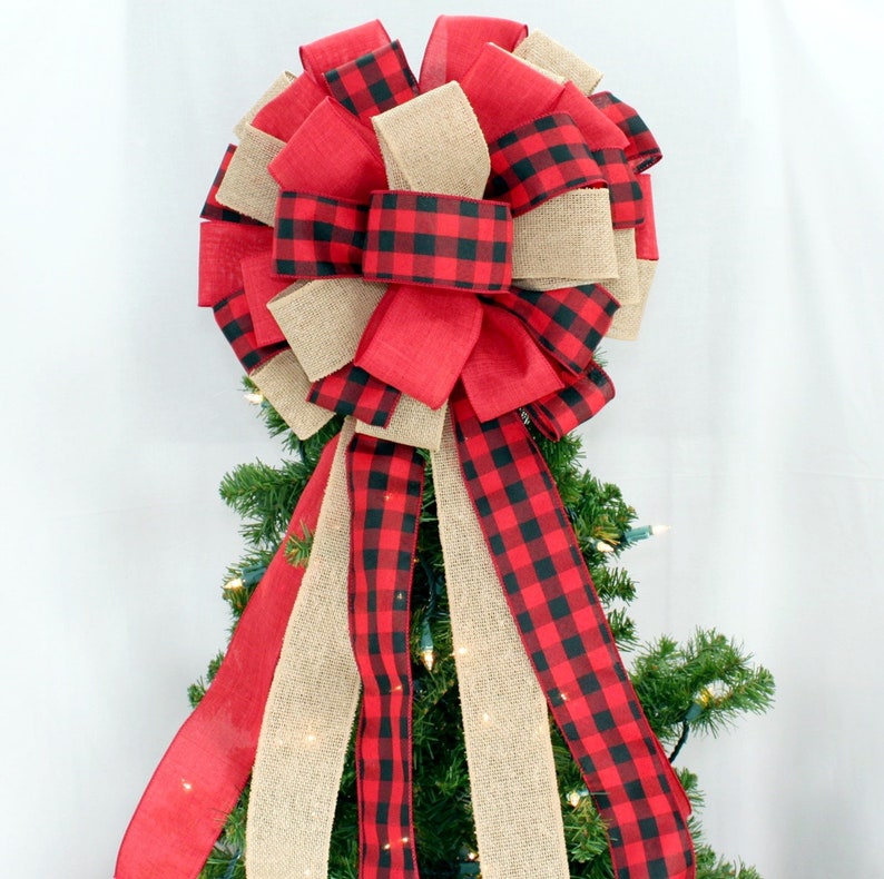 Buffalo Plaid Burlap Christmas Tree Topper Bow Red Christmas Etsy