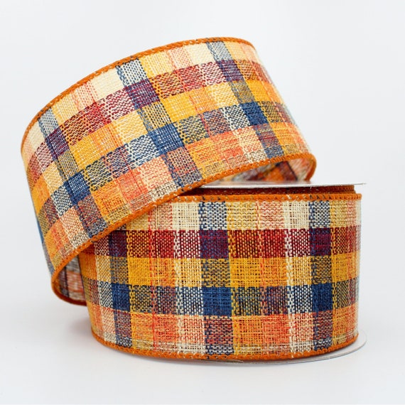 10 Yards Blue Fall Plaid Wired Ribbon Fall Wired Ribbon, Wired Ribbon