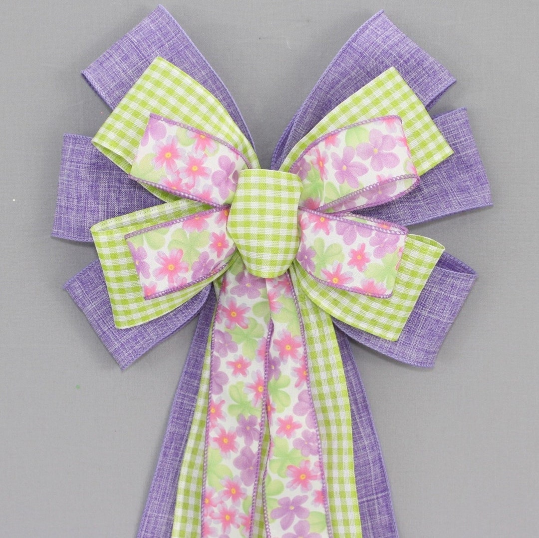 Lavender Floral Green Gingham Spring Wreath Bow - Spring Wreath Bow ...