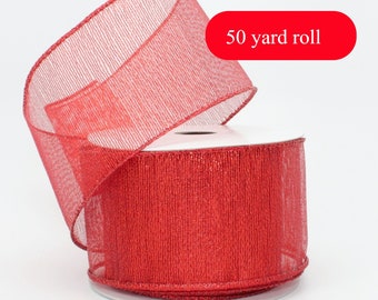 50 yards Red Metallic Christmas Wired Ribbon - Christmas Ribbon, Red Christmas Ribbon, Ribbon for Wreaths