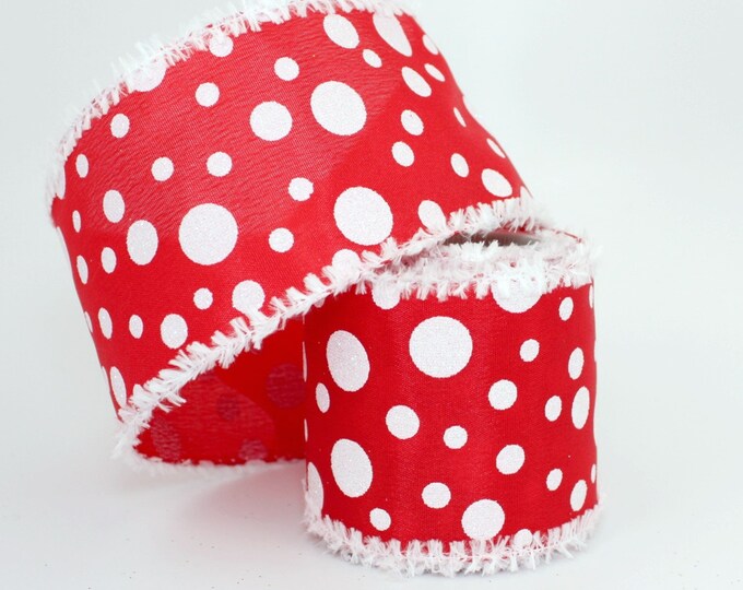 Red White Dots Christmas Wired Snow Edge Ribbon - 3 Yard Ribbon ...